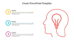 Creative design featuring a red lightbulb inside a head outline with descriptive captions areas on the left.