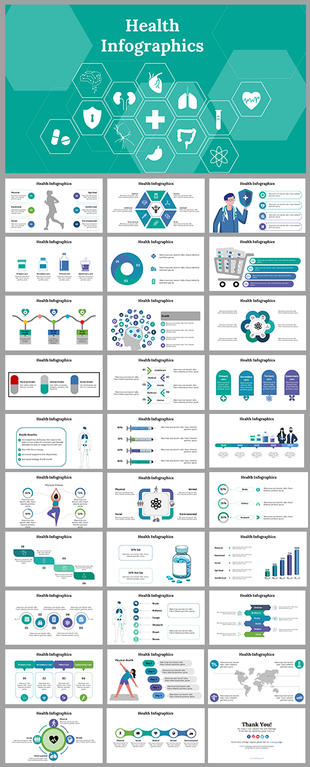 Comprehensive health infographics PowerPoint template with sections on health benefits, exercise, and medical statistics.