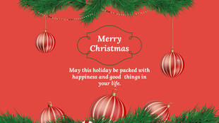 Christmas card slide with a red background, green pine branches, hanging red ornaments, and the message in the center.