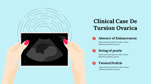 Clinical Case De Tursion Ovarica with an ultrasound image in the center and text detailing signs.