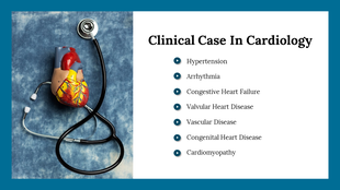 A stethoscope wrapped around a heart model on a blue background, with a list of cardiology conditions on the right.