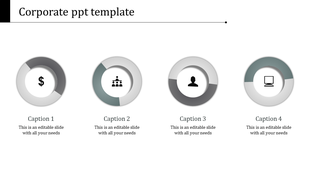 Corporate PowerPoint slide with four circular icons representing finance, team, user, and computer, with captions.