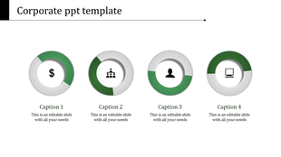Corporate PowerPoint slide featuring four icons representing finance, team, user, and computer, with green highlights.