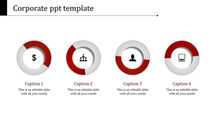 Corporate slide with four red and gray circular icons, each containing symbols and captions placed below.