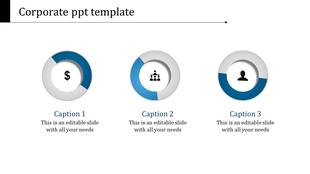 Corporate PowerPoint template featuring icons for money, team, and individual with captions.