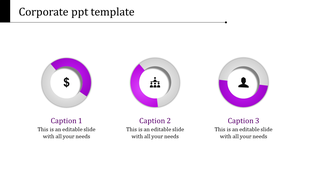 Corporate design with three circular elements, each containing an icon dollar, organization, user and a caption area below.