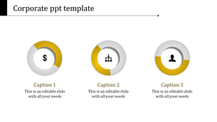 Corporate slide layout showing three circular visuals in yellow and gray with icons and captions below.