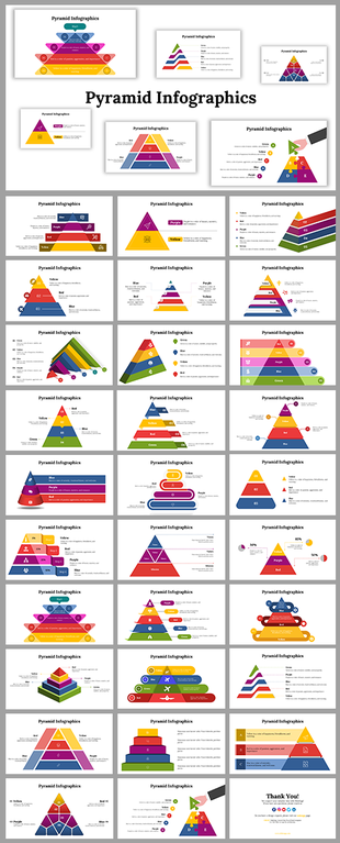 Slide deck showcasing vibrant pyramid shapes in yellow, purple, red, and green with icons and labels for data presentation.