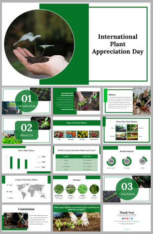 Educational slide deck about plant appreciation, featuring charts, a world map, and a timeline with a focus on green.