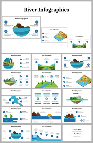 River infographic slides showcasing various visuals and data related to rivers with icons and text descriptions.