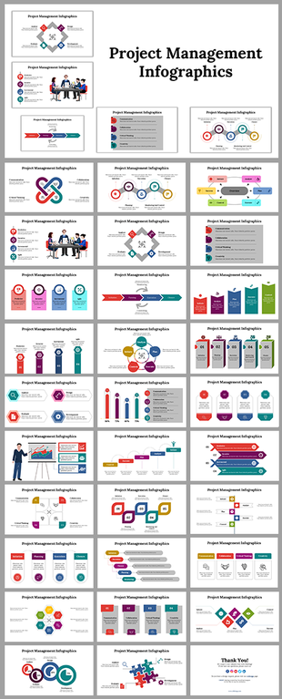 Slide deck showcasing project management infographics with diverse shapes, timelines, and organizational elements.