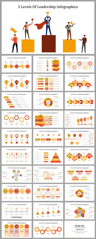 Deck with 5 levels of leadership visuals, including flow charts, pyramids, and icons, with red, yellow, and orange accents.