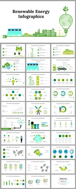 Slide deck featuring renewable energy infographics, with sections on solar panels, wind turbines, and eco friendly practices.