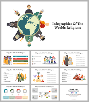 Collection of slides featuring religious figures, icons, and infographics in various colors, depicting global religions.
