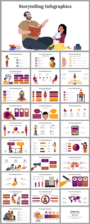 Collection of storytelling infographic slides, including visual elements like character icons, charts, and narrative tips.
