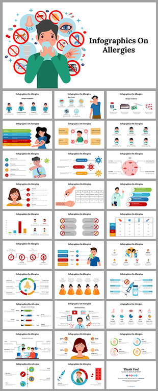 Colorful slide deck with infographics on allergy types, treatments, and symptoms, featuring icons, graphs, and illustrations.