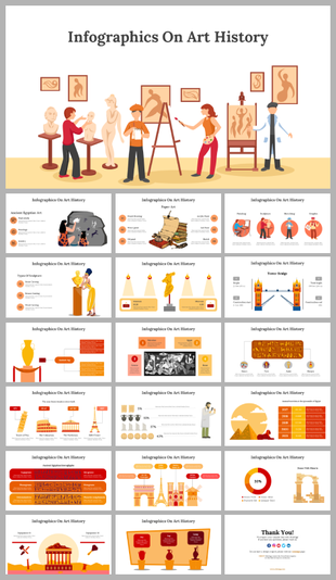 Infographics on Art history PPT showcasing illustrations of famous artworks, and artists across multiple slides.