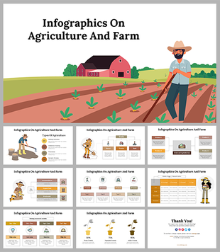 Farming infographic template pack showing field illustrations, data tables, and visuals of tools, crops, and activities.