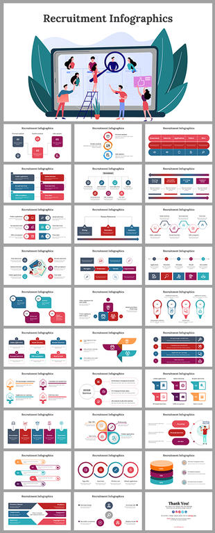 Slide deck featuring recruitment infographics with sections on hiring processes, and employee profiles using icons.