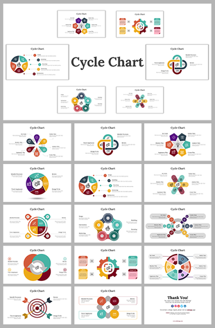 A collection of colorful slides with cycle chart designs showcasing various layouts and information flow with colored icons.