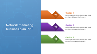 A slide for a network marketing business plan, featuring three colorful pyramid shapes with captions and a cloud background.
