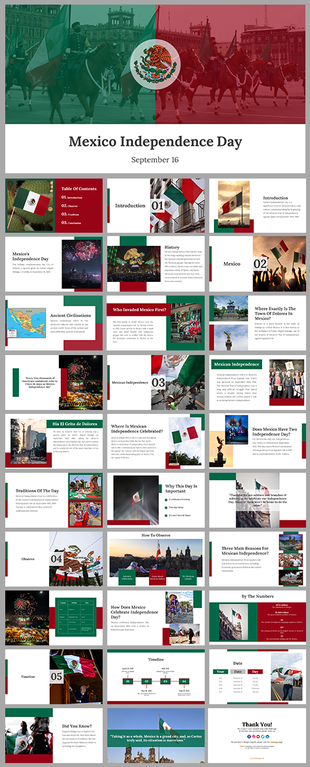Slide pack with Mexico flag imagery and celebration highlights, And traditions using a green, white, and red color scheme.