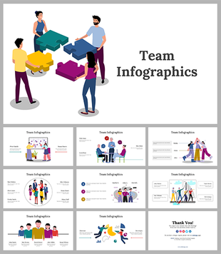 Slide deck showing team collaboration infographics, with visuals of puzzle pieces, group discussions, and teamwork.