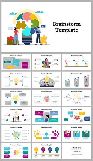 Colorful brainstorming PPT slides featuring infographics, lightbulb illustrations, and various creative process diagrams.