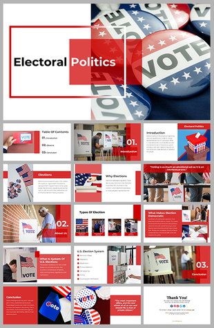 Slide deck featuring sections on the U.S. election system, and the democratic process, with bold red and blue accents.