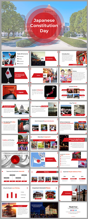 Japanese constitution day slide deck featuring red and white accents, and covering history, significance, and traditions.