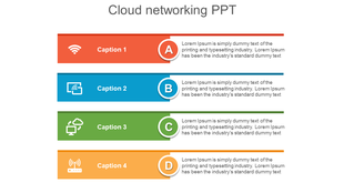 A colorful cloud networking slide showcasing four segments with icons and placeholder text.