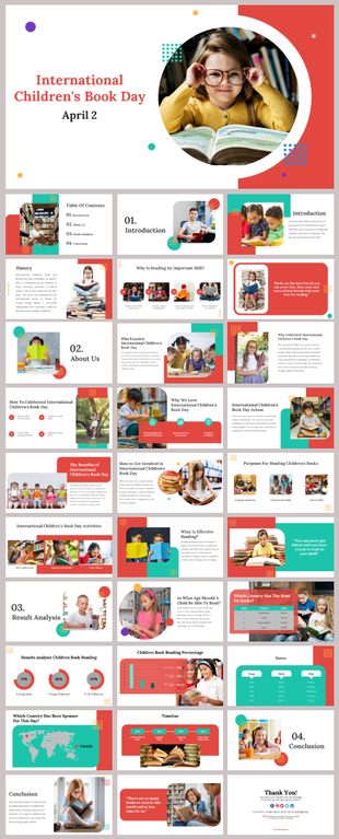Presentation slides for International Children's Book day, highlighting its history, activities, and importance of reading.