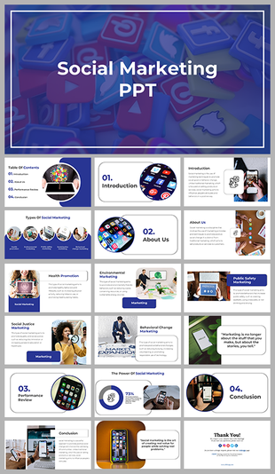 Slide deck in purple and white theme, with rounded images, and colorful icons of social media platforms in the background.