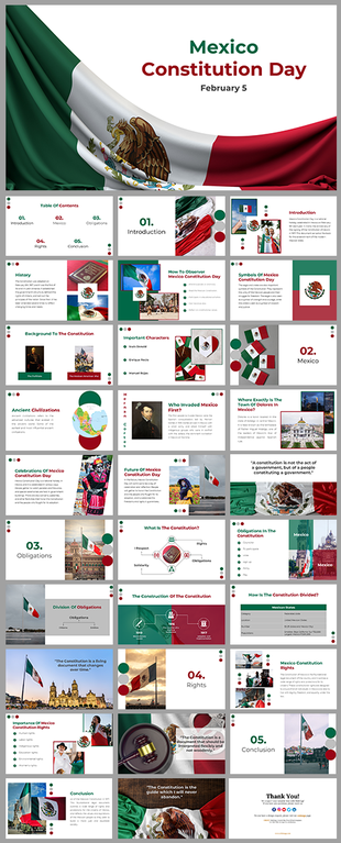 Mexico Constitution Day infographic with green, white, and red theme, featuring flags, gavel, maps, and cultural imagery.