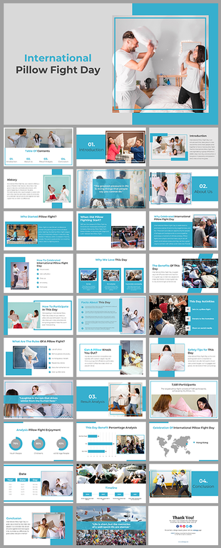 Slide deck showcasing International pillow fight day with blue themed visuals, text blocks, and images of participants.