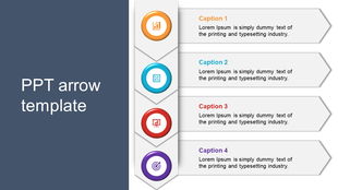 A slide featuring four colorful arrows with icons representing different stages or concepts, each with a caption.