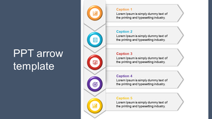 Arrow slide showing five steps with circular icons and text, arranged vertically in orange, blue, red, purple, and yellow.