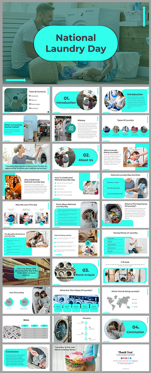 National laundry day cover slide deck with a teal color theme, showing a man doing laundry in a modern room.