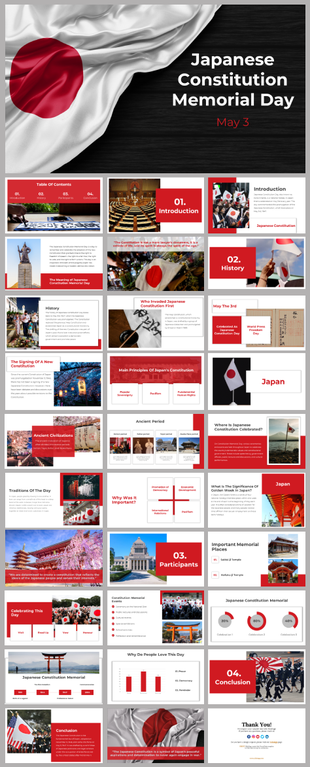 Japanese Constitution Day slide deck with flag visuals, cultural images, red-white theme, and section placeholders.