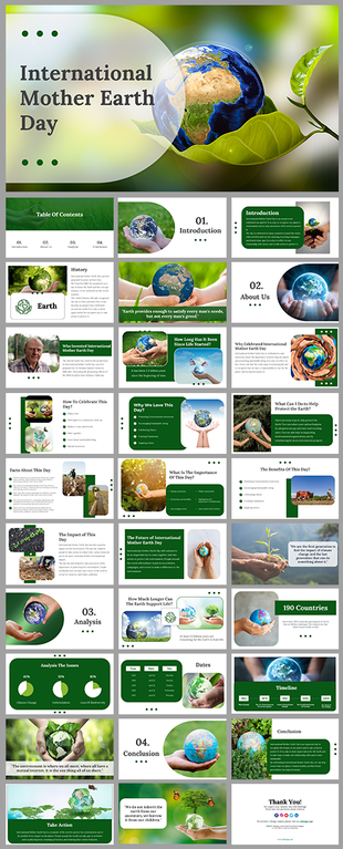 Mother Earth day slides with green tones, showing the planet, nature inspired designs, and structured sections for content.