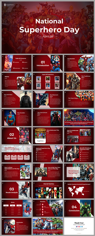 Superhero-themed slide deck showcasing hero categories and benefits of national superhero day with vibrant visuals.