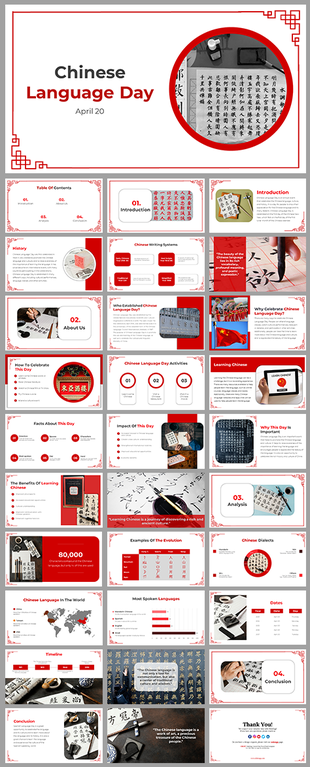 Chinese language day slides with a red and white theme, highlighting language history, activities, and facts.