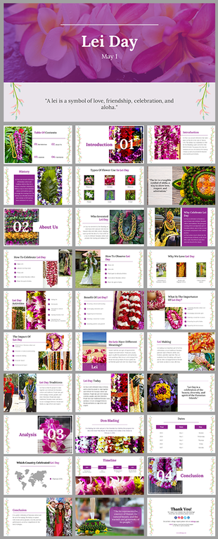 Lei day slide deck showcasing various leis, traditions, and historical aspects with flower illustrations and vivid imagery.