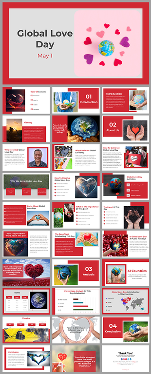 Global love day slides featuring red accents with sections on its history, significance, and ways to celebrate.