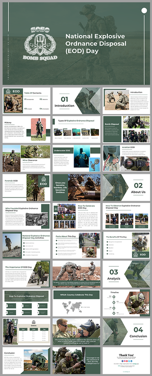 National explosive ordnance disposal slides with green layouts, covering types, history, and the significance of this day.