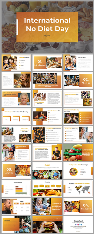 International no diet day slides showcasing food images, health tips, and information about the significance of the day.