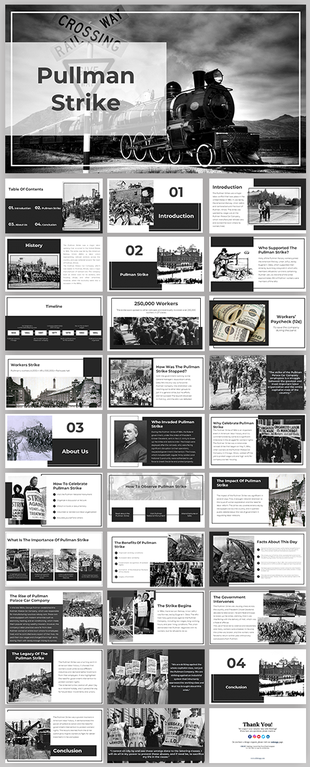 Black and white slide deck featuring historical images of the pullman strike, covering its history, impact, and key events.