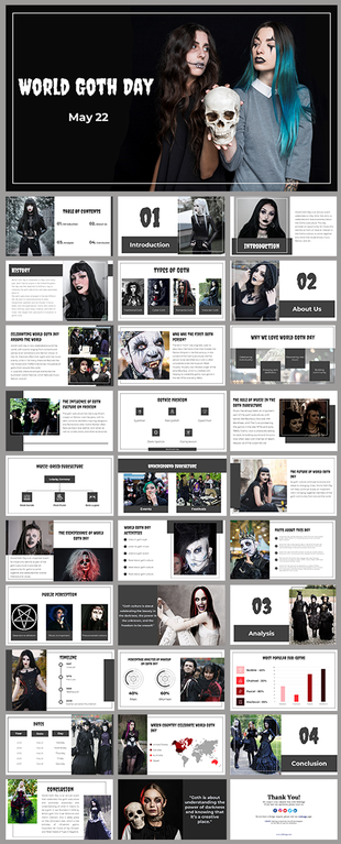 World goth day slide deck with dark-themed imagery, featuring goth figures, skulls, and gothic fashion.