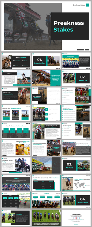 Preakness stakes slides, featuring sections on its history, significance, famous moments, with images of horse races.