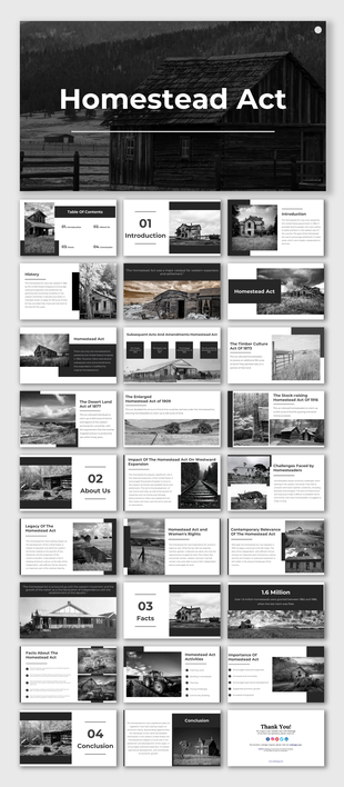 Black and white slides discussing the Homestead Act's role in American history and challenges faced by homesteaders.